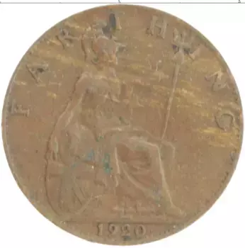 Монета фартинг Англии 1920 года Бронза Георг V