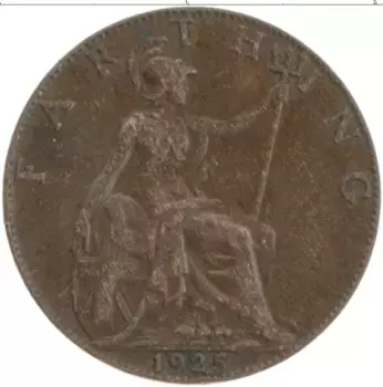 Монета фартинг Англии 1925 года Бронза Георг V