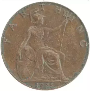 Монета фартинг Англии 1925 года Бронза Георг V