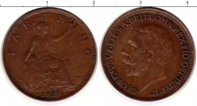 Монета фартинг Англии 1927 года Медь Георг V