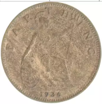 Монета фартинг Англии 1936 года Бронза Георг V