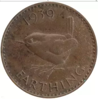 Монета фартинг Англии 1939 года Бронза Георг VI