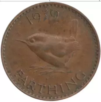 Монета фартинг Англии 1939 года Бронза Георг VI