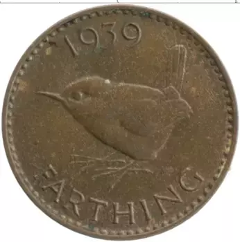 Монета фартинг Англии 1939 года Бронза Георг VI