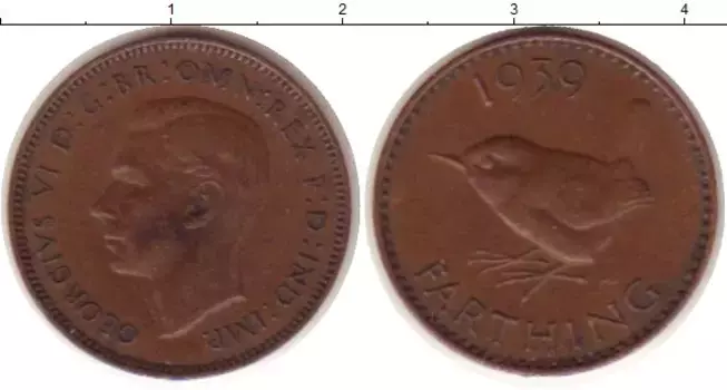 Монета фартинг Англии 1939 года Медь Георг VI
