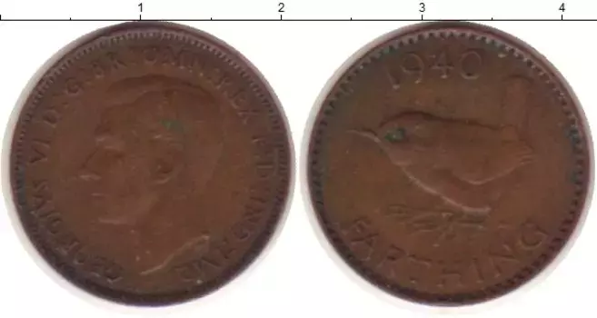 Монета фартинг Англии 1940 года Медь Георг VI