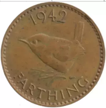 Монета фартинг Англии 1942 года Бронза Георг VI