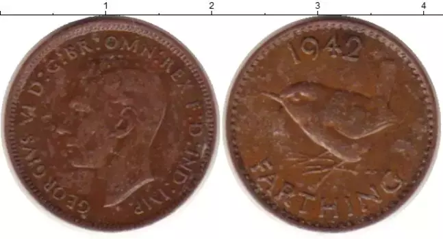 Монета фартинг Англии 1942 года Медь Георг VI