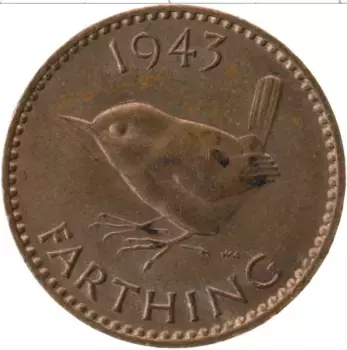 Монета фартинг Англии 1943 года Бронза Георг VI