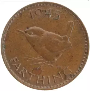 Монета фартинг Англии 1945 года Бронза Георг VI