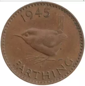 Монета фартинг Англии 1945 года Бронза Георг VI