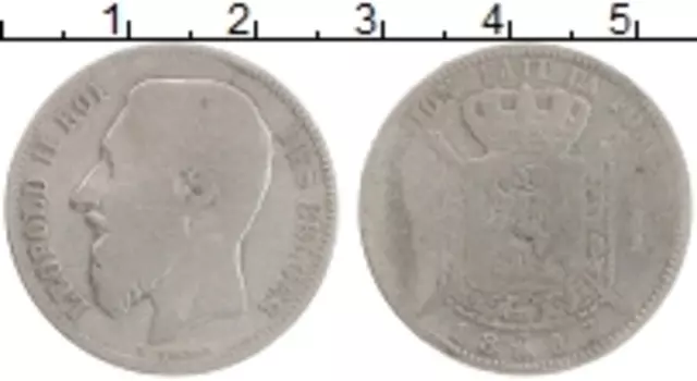 Монета франк Бельгии 1867 года Серебро Леопольд II