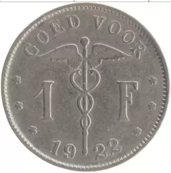 Монета франк Бельгии 1922 года Медно-никель