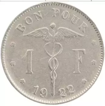 Монета франк Бельгии 1922 года Медно-никель