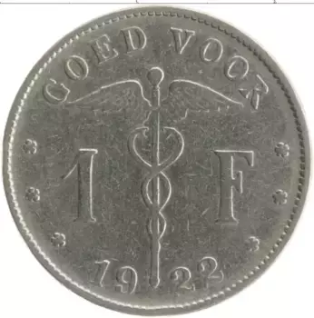 Монета франк Бельгии 1922 года Медно-никель Альберт I