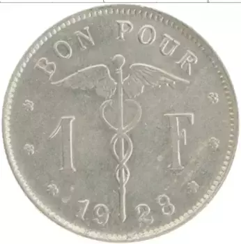 Монета франк Бельгии 1928 года Медно-никель Альберт I