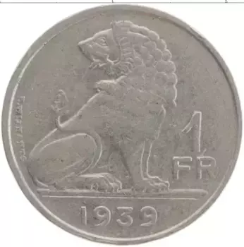 Монета франк Бельгии 1939 года Медно-никель