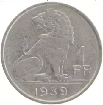 Монета франк Бельгии 1939 года Медно-никель Лев
