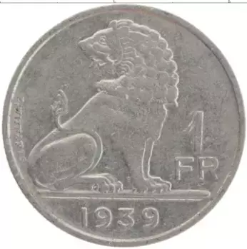 Монета франк Бельгии 1939 года Медно-никель Лев