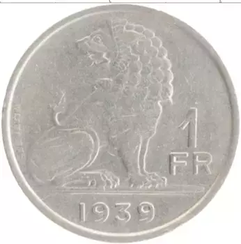 Монета франк Бельгии 1939 года Медно-никель Леопольд III