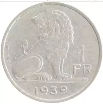 Монета франк Бельгии 1939 года Медно-никель