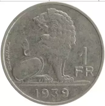 Монета франк Бельгии 1939 года Медно-никель Альберт I