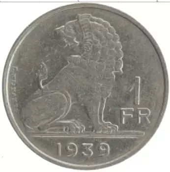 Монета франк Бельгии 1939 года Медно-никель Альберт I