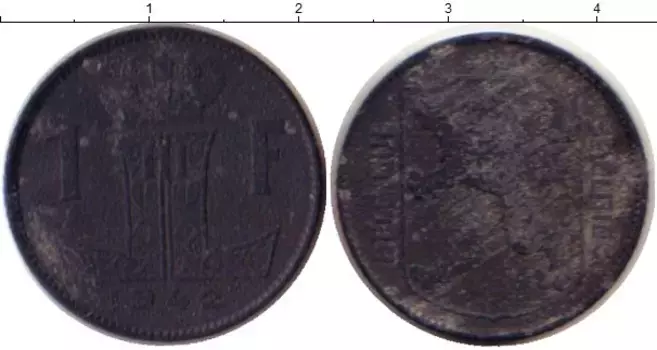 Монета франк Бельгии 1942 года Цинк