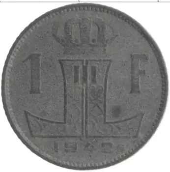 Монета франк Бельгии 1942 года Цинк Леопольд III