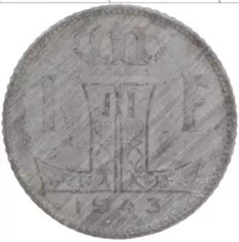 Монета франк Бельгии 1943 года Цинк