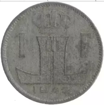 Монета франк Бельгии 1943 года Цинк