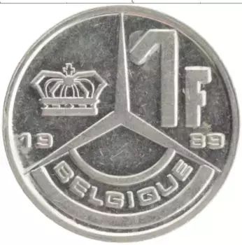 Монета франк Бельгии 1989 года Медно-никель Король Бодуэн