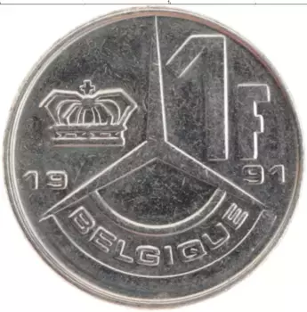 Монета франк Бельгии 1991 года Медно-никель Король Бодуэн