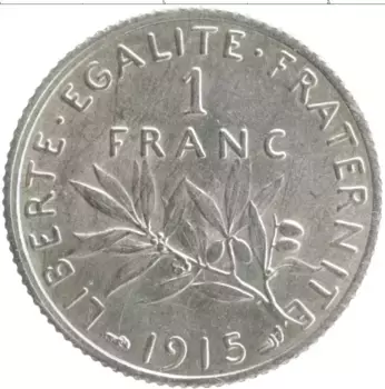 Монета франк Франции 1915 года Серебро