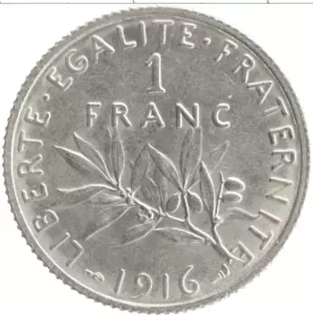 Монета франк Франции 1916 года Серебро