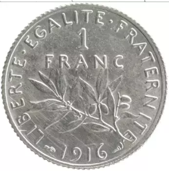 Монета франк Франции 1916 года Серебро