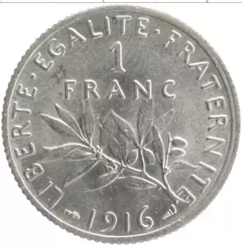 Монета франк Франции 1916 года Серебро