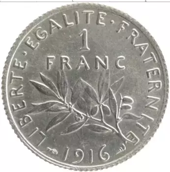 Монета франк Франции 1916 года Серебро