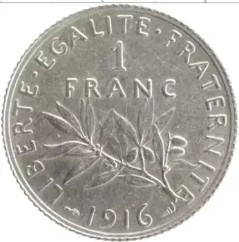Монета франк Франции 1916 года Серебро