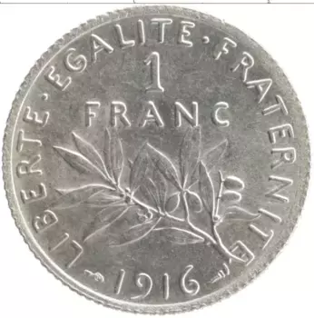 Монета франк Франции 1916 года Серебро