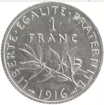 Монета франк Франции 1916 года Серебро