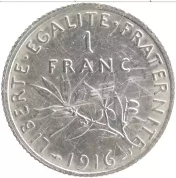 Монета франк Франции 1916 года Серебро