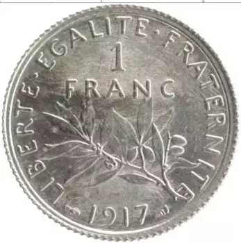 Монета франк Франции 1917 года Серебро