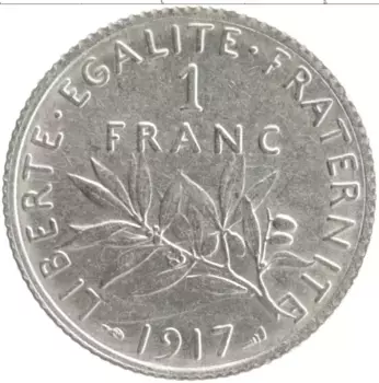 Монета франк Франции 1917 года Серебро