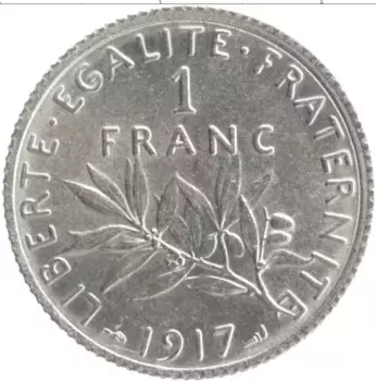 Монета франк Франции 1917 года Серебро