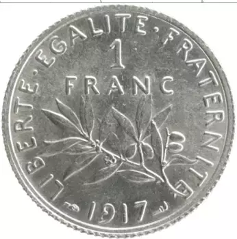 Монета франк Франции 1917 года Серебро