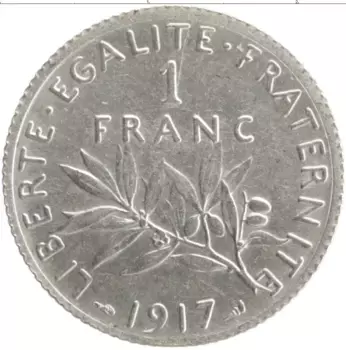Монета франк Франции 1917 года Серебро