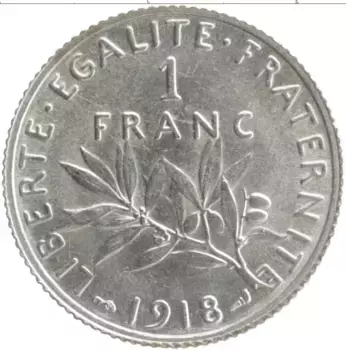 Монета франк Франции 1918 года Серебро