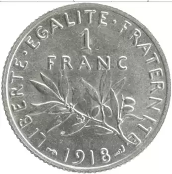 Монета франк Франции 1918 года Серебро