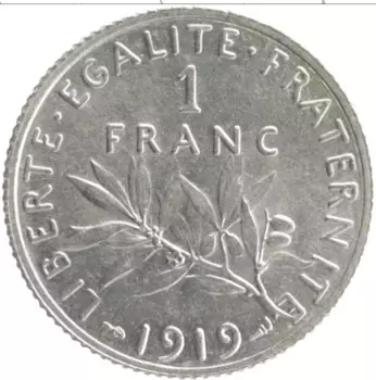 Монета франк Франции 1919 года Серебро